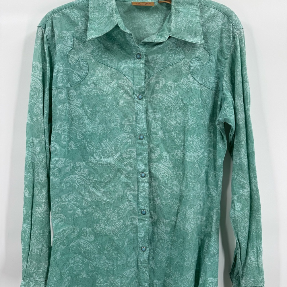 Wrangler Teal Green Paisley Button Down Pearl Snap Long Sleeve Shirt, Western
